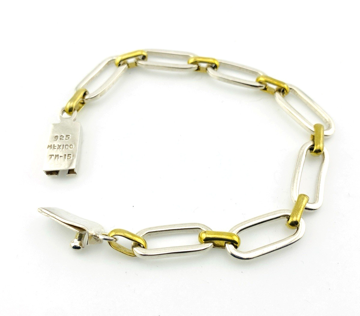 Mexico Sterling Silver Brass Link Bracelet Mixed Metal Chunky Chain 6.75 Inches