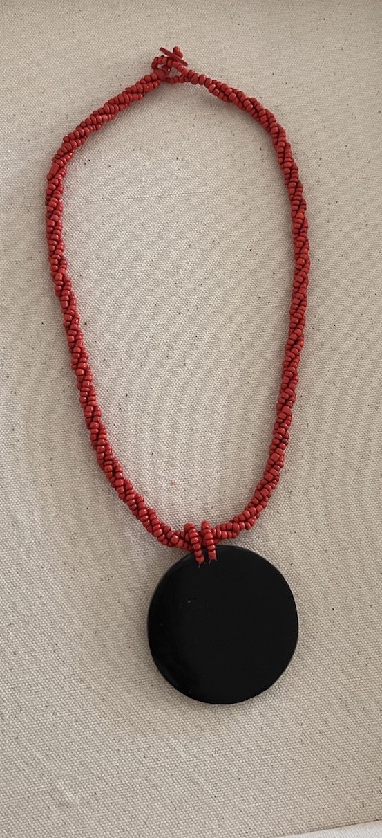 Vintage Abalone Shell Coral Seed Beaded Twist Pendant Disc Statement Necklace