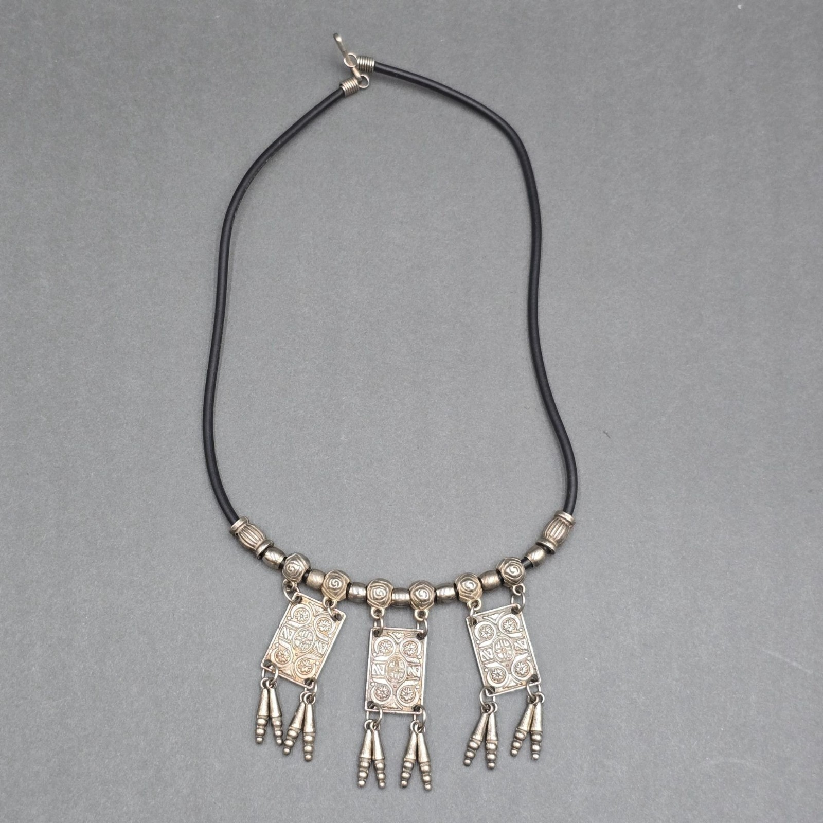 Vintage Tribal Panel Fringe Necklace Silver Tone Leather Cord Boho Statement