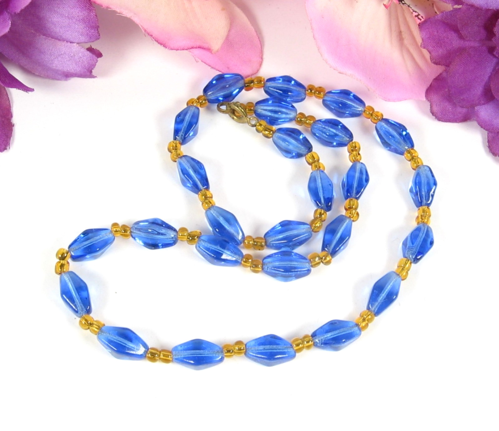 BLUE & AMBER-YELLOW Glass BEADNECKLACE Vintage Beaded Bicone Choker 18″