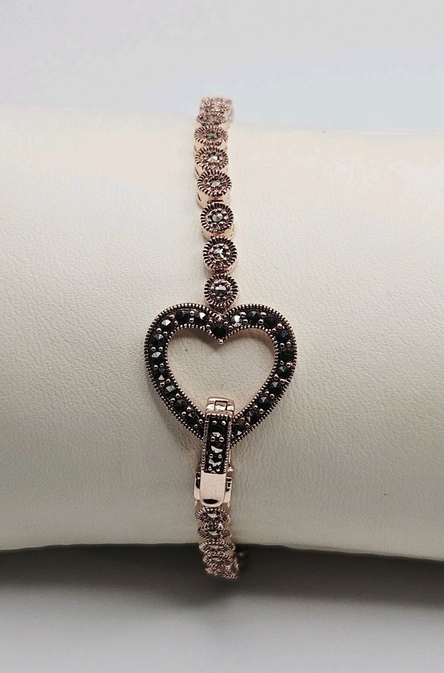 Kit Heath Sterling Silver Rose Gold Vermeil Marcasite Heart Clasp Bracelet 8″