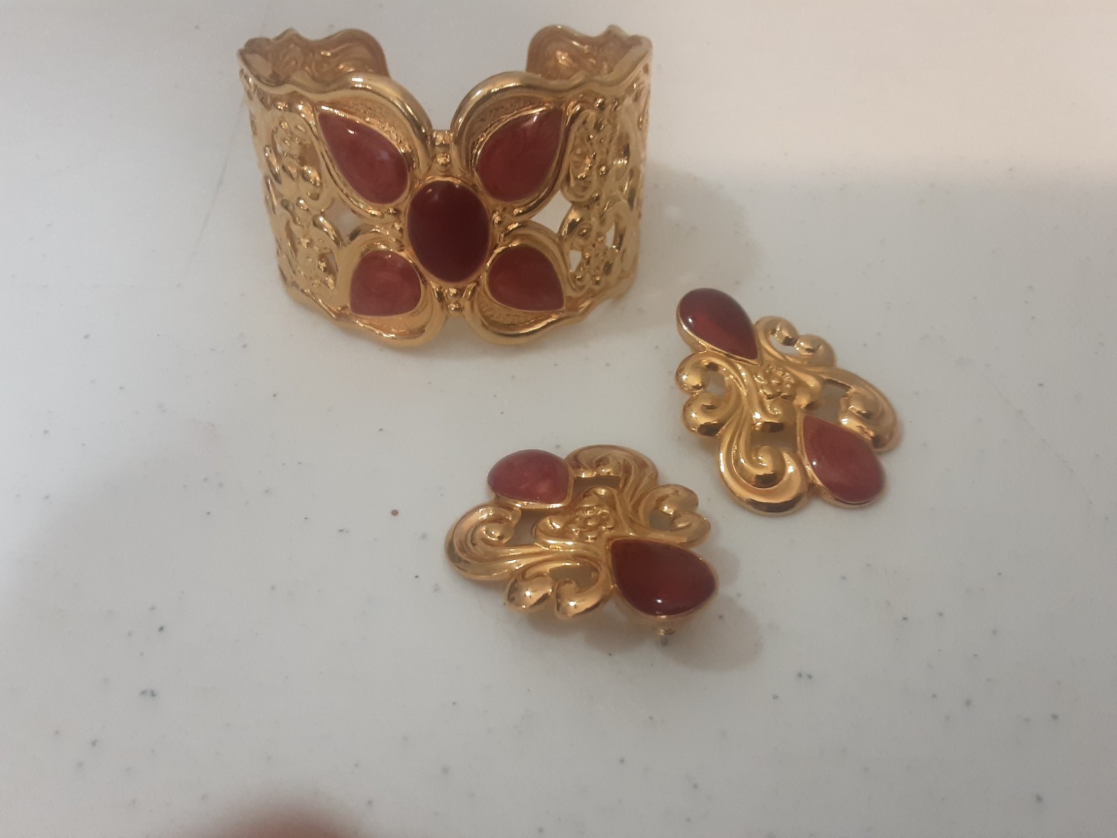 Artful Expression Gold Tone Cuff Bracelet Earrings Set [Possibly Avon not sure]