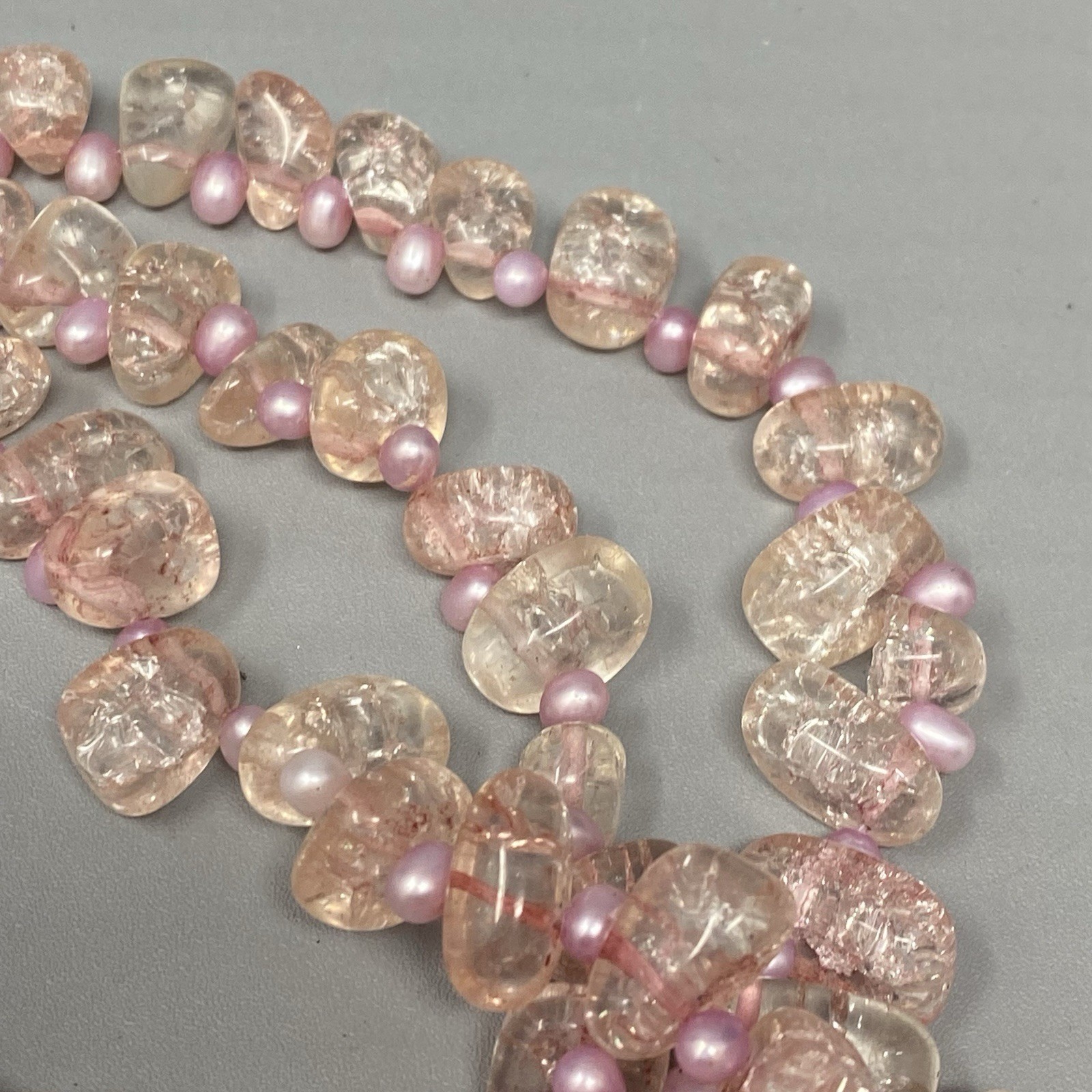 Glass Necklace Pink Crackled Baroque Teardrop Beads Fringe Layered AS IS 18″