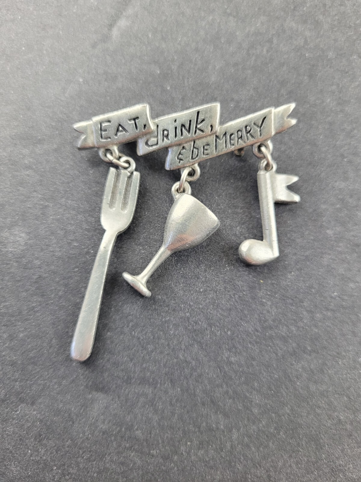 Vintage Tiny Clift Pewter Brooch Eat Drink & Be Merry Fork Wine Glass Music Note