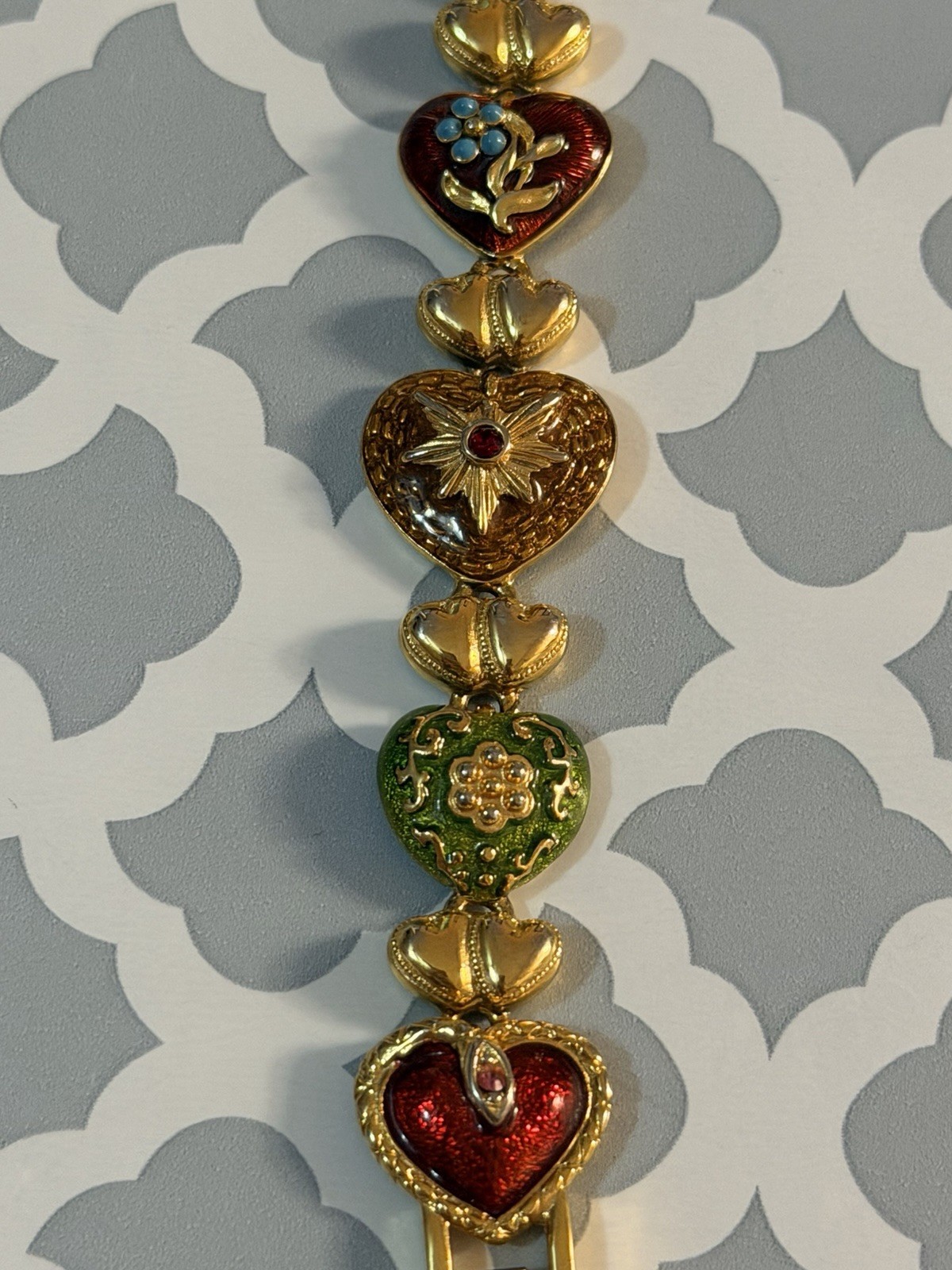 Vintage Joan Rivers Hearts & Flowers Bracelet Enamel Heart Charm Floral Signed