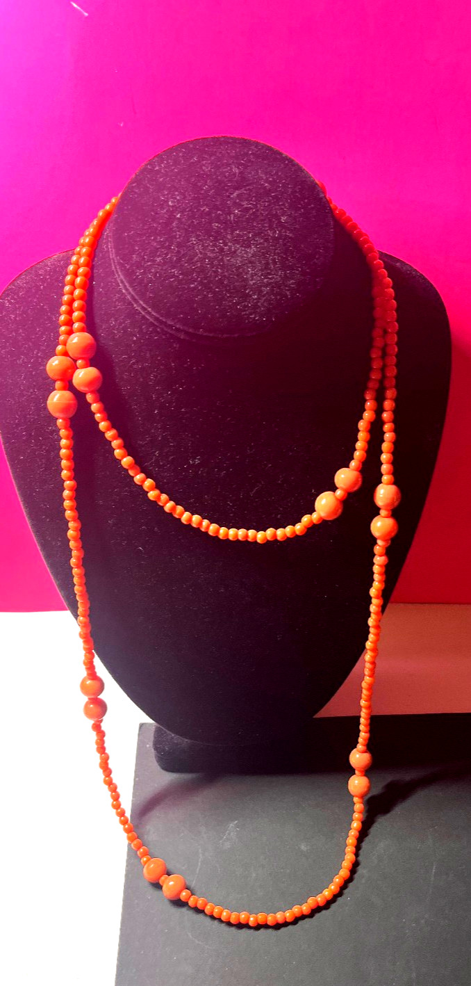 Long Faux Salmon Colored Coral Bead Neclace 48″