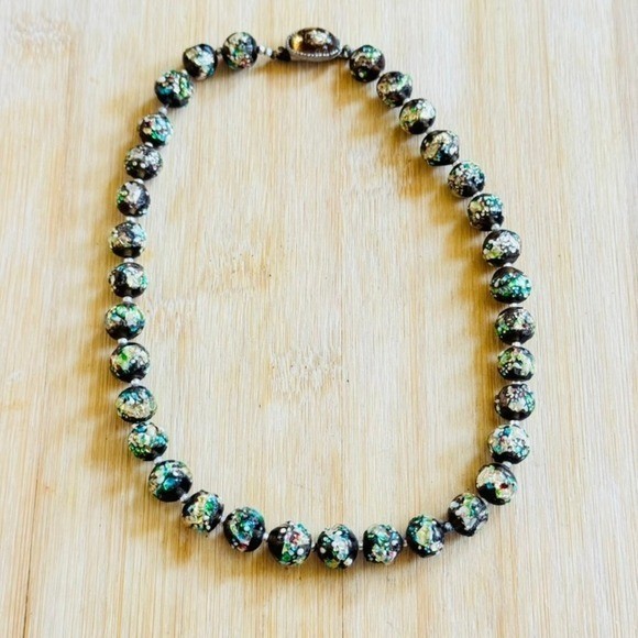 VTG 60s Art Glass Necklace Japan Foil Confetti Colorful Japanese beads 16″