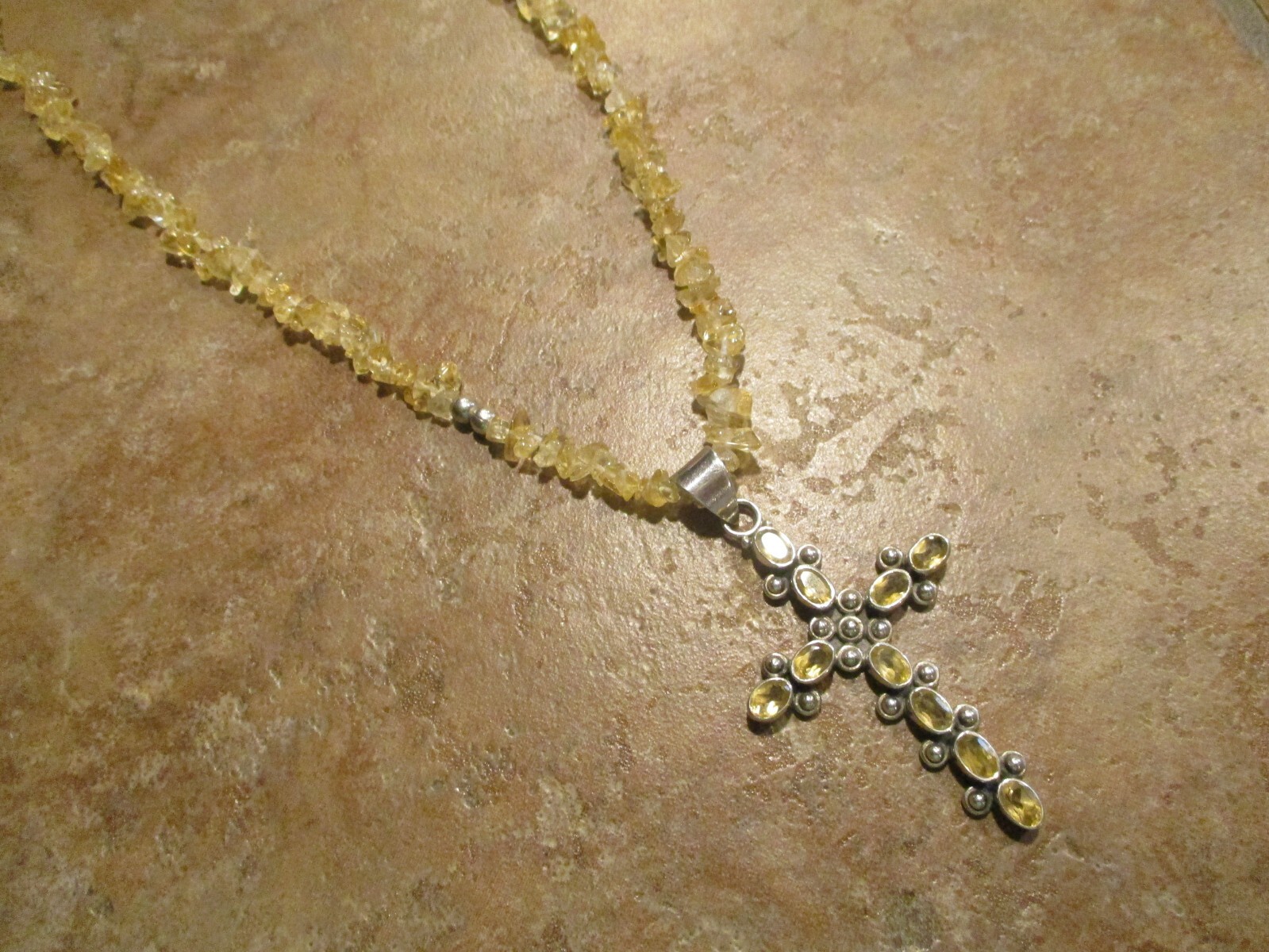 17″- 18″ FINE Vintage Southwestern Design Sterling Silver CITRINE Cross Necklace