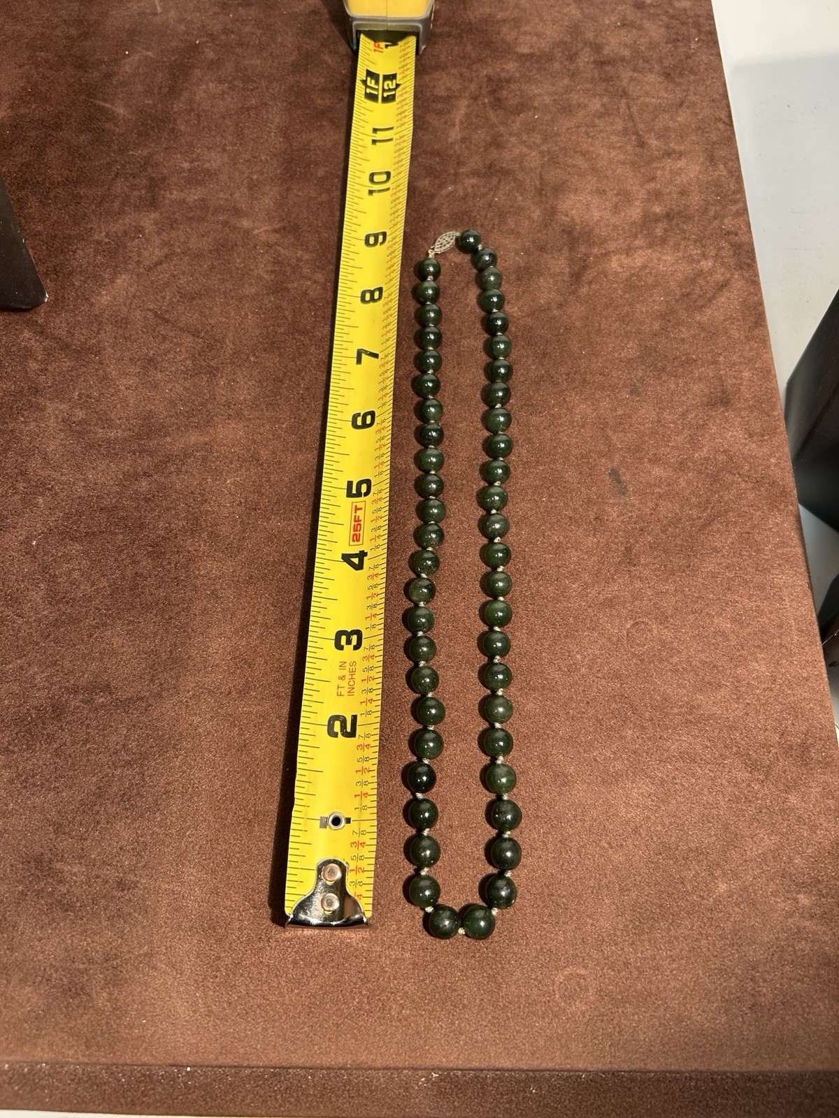 Vintage Nephrite Jade Bead Necklace Dark Green Graduated Gold Filled Clasp