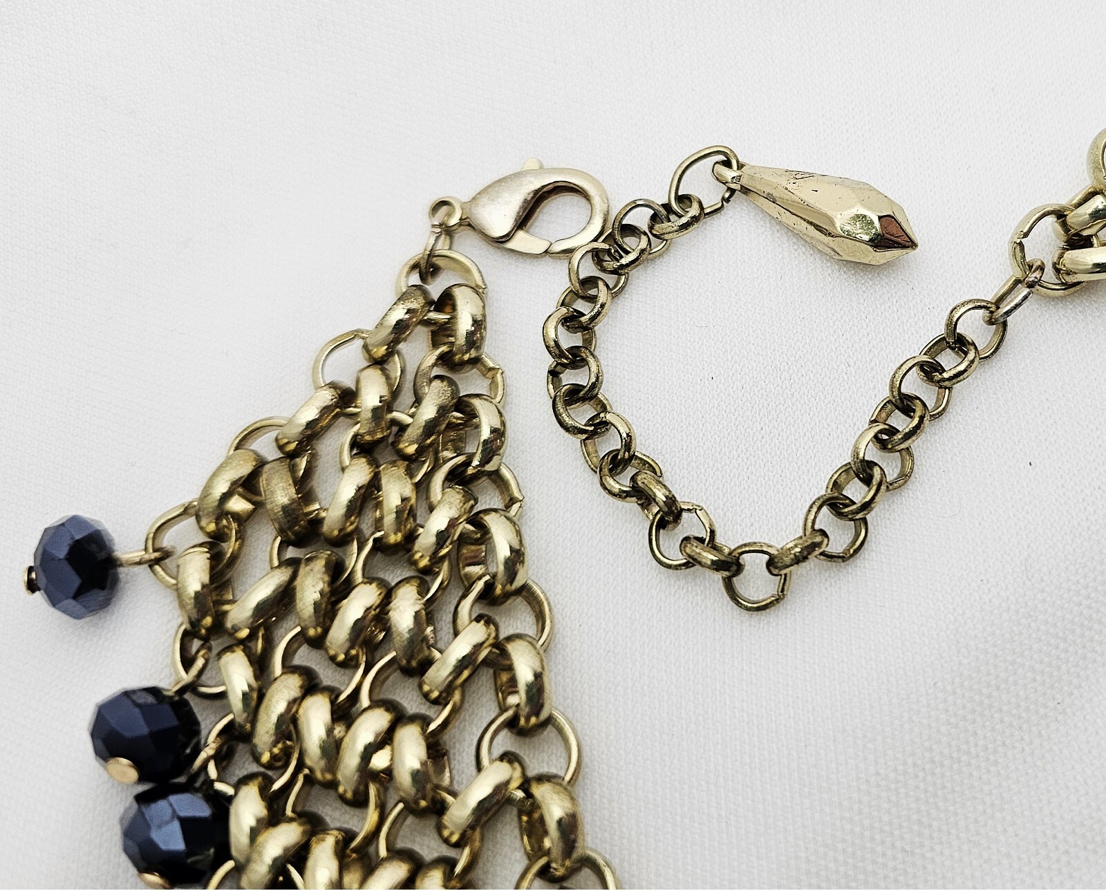 Gold Tone Chain Mail Blue Bead Bib Necklace Collar Fringe Dangling Beads Vintage