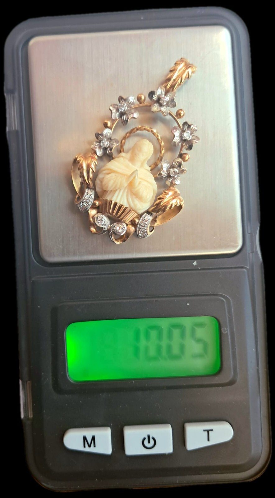 Antique Art Nouveau 18K Gold Virgin Mary Pendant Rose Cut Diamonds c1900