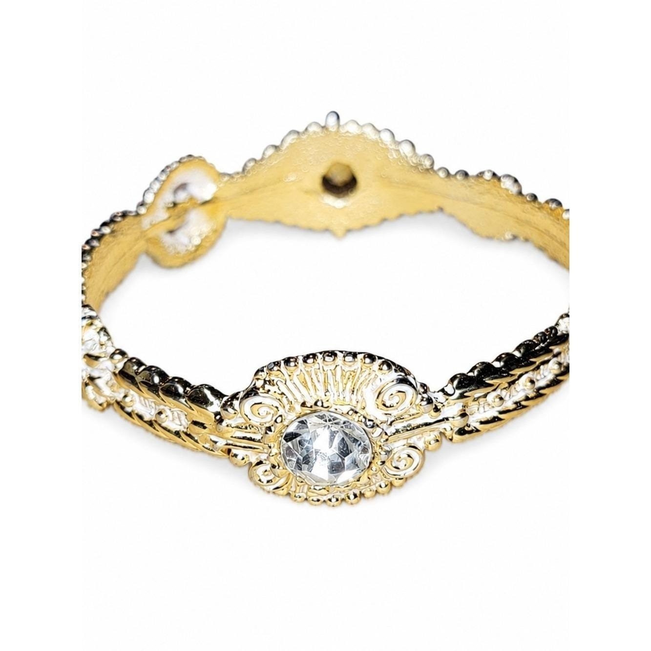 Vintage Gold Tone Rhinestone Bracelet White Enamel Ornate Hinged Bangle