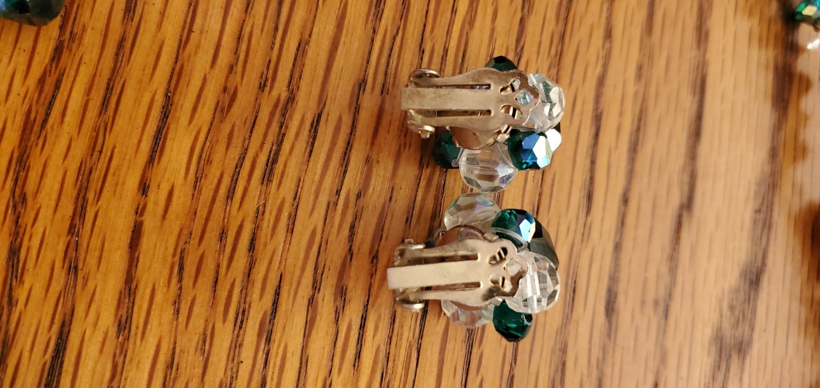 Vintage Emerald Green &Clear Aurora Borealis Double Strand Crystal Necklace set