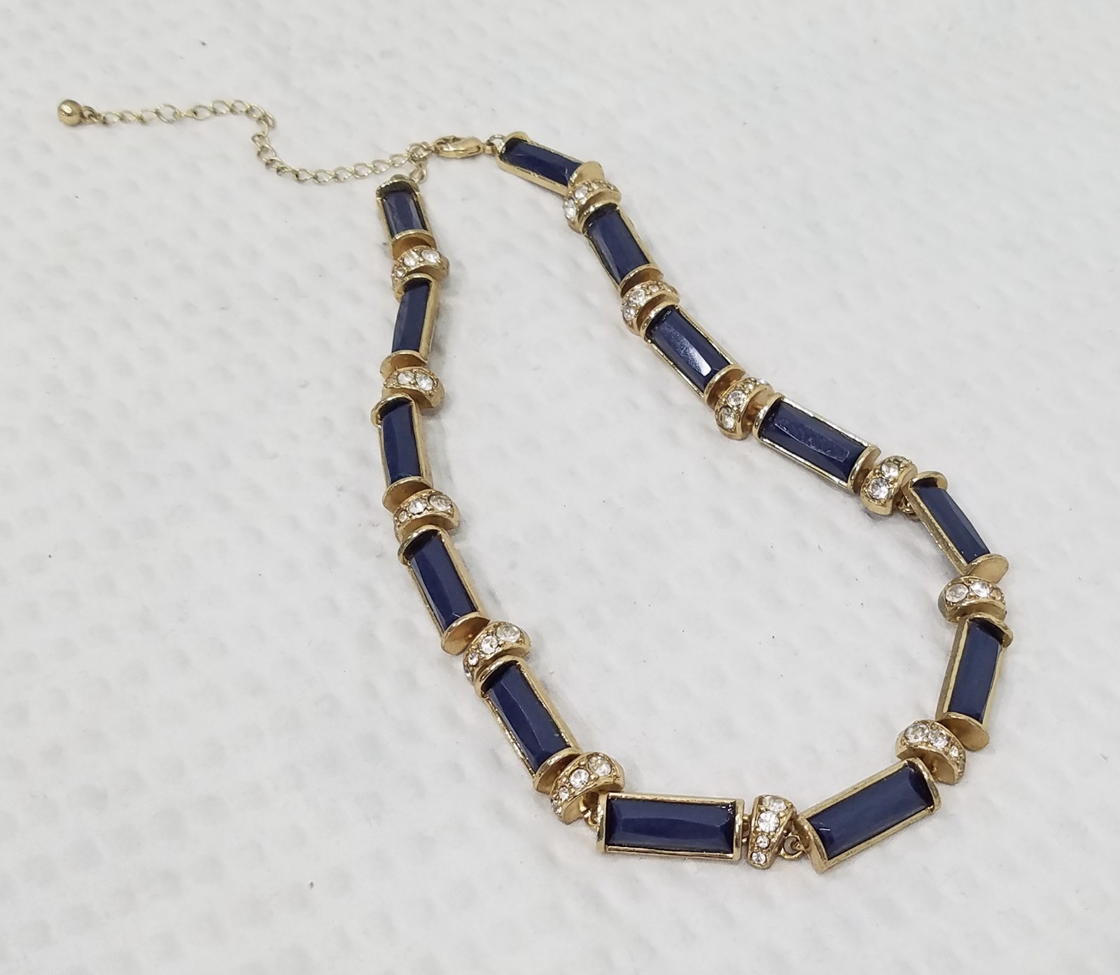 Vintage Faceted Navy Blue Acrylic & Crystal Gold Tone Tile Choker Necklace