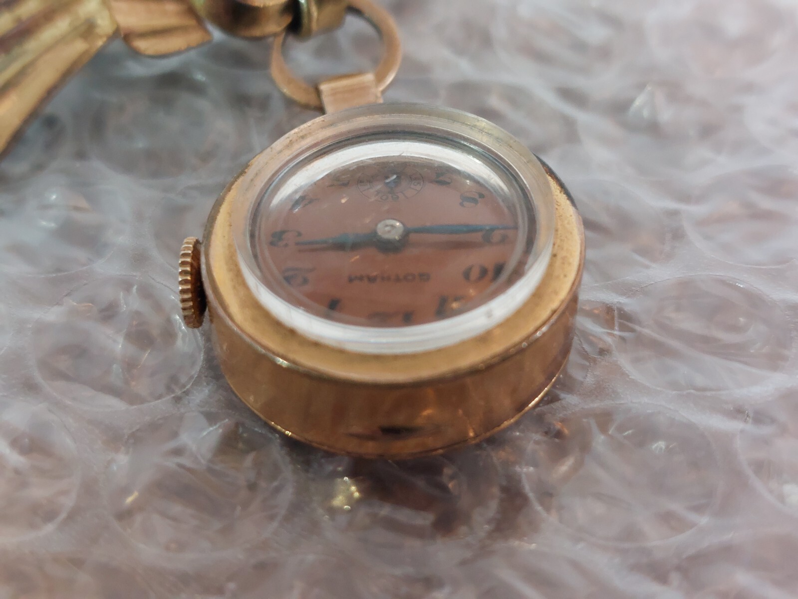 Vintage Gotham Manual Brooch Pin Watch 7 Jewels Copper Face Works 1/20 12k GF