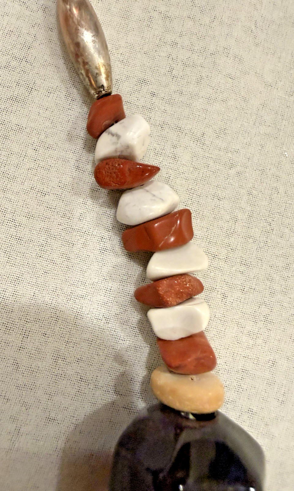 Vintage Artisan Ceramic Pottery Bead Necklace with Wood and Natural Stone Chips