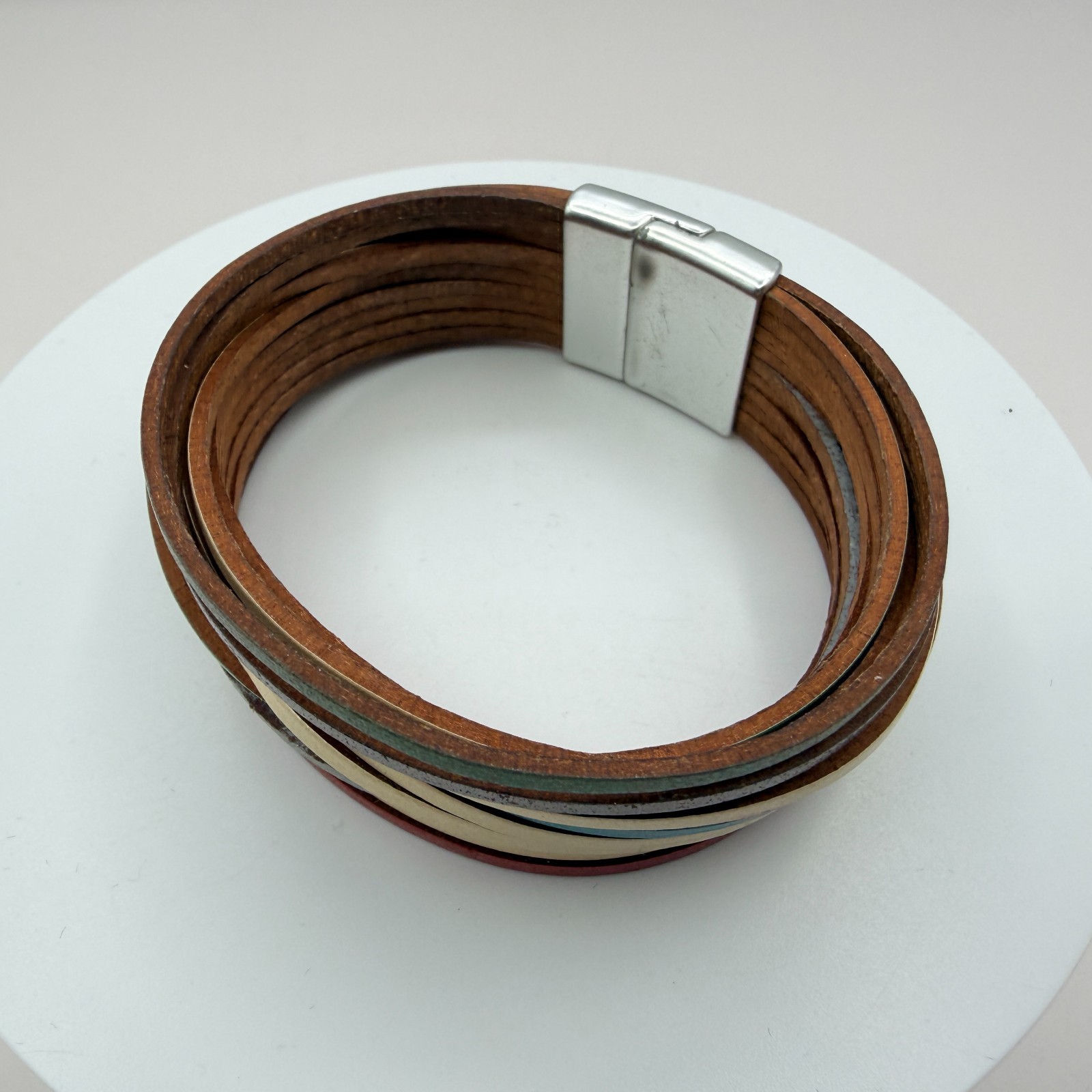 Vintage Multi Strand Leather Wrap Cuff Bracelet Magnetic Clasp Boho Multicolor