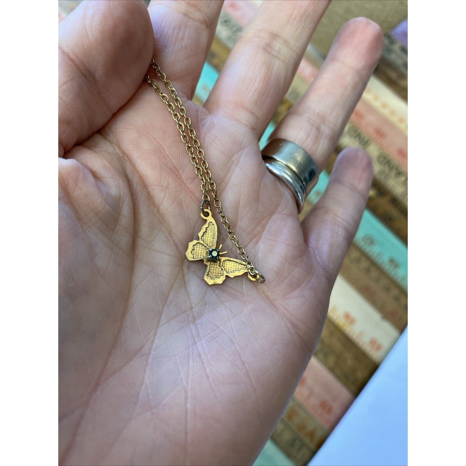 Vintage 70s S Girls Goldtone Butterfly Green Rhinestone May Birth Necklaces 2