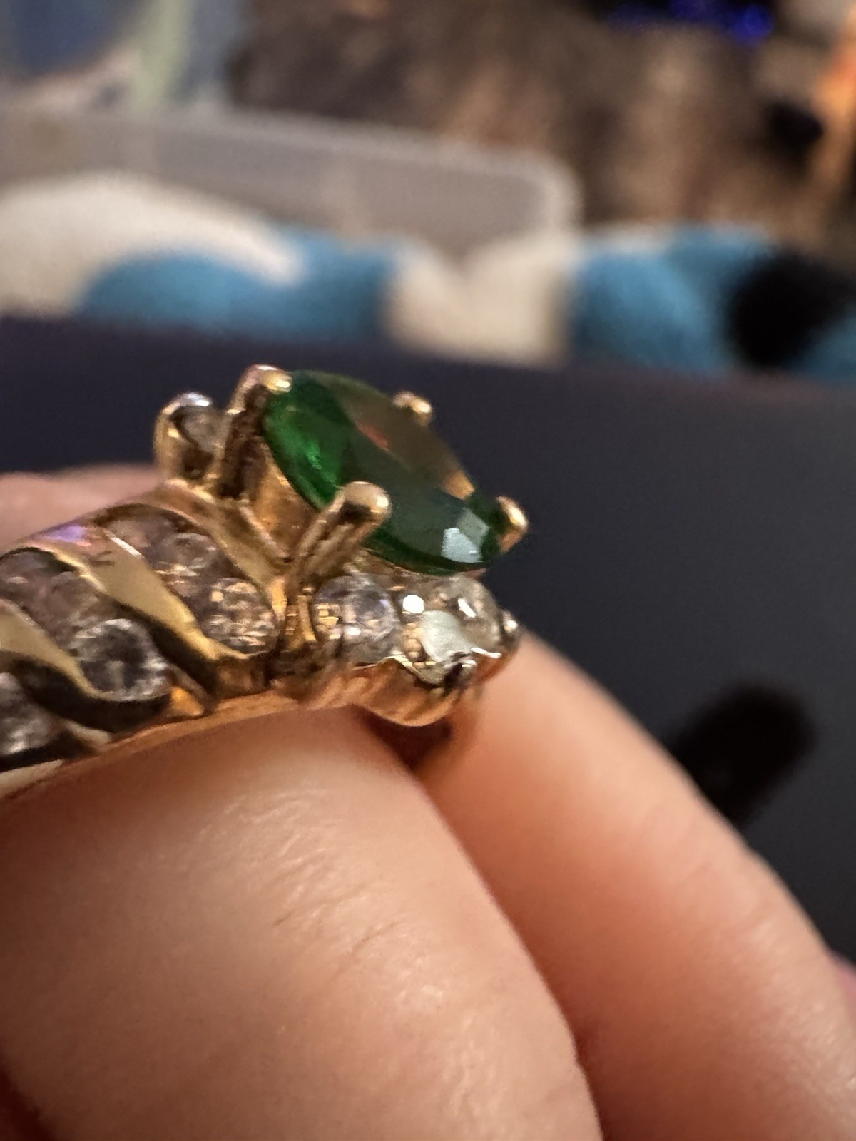 Vintage Emerald Crystal Ring: 18KT GE Yellow Gold Tone, Size 8
