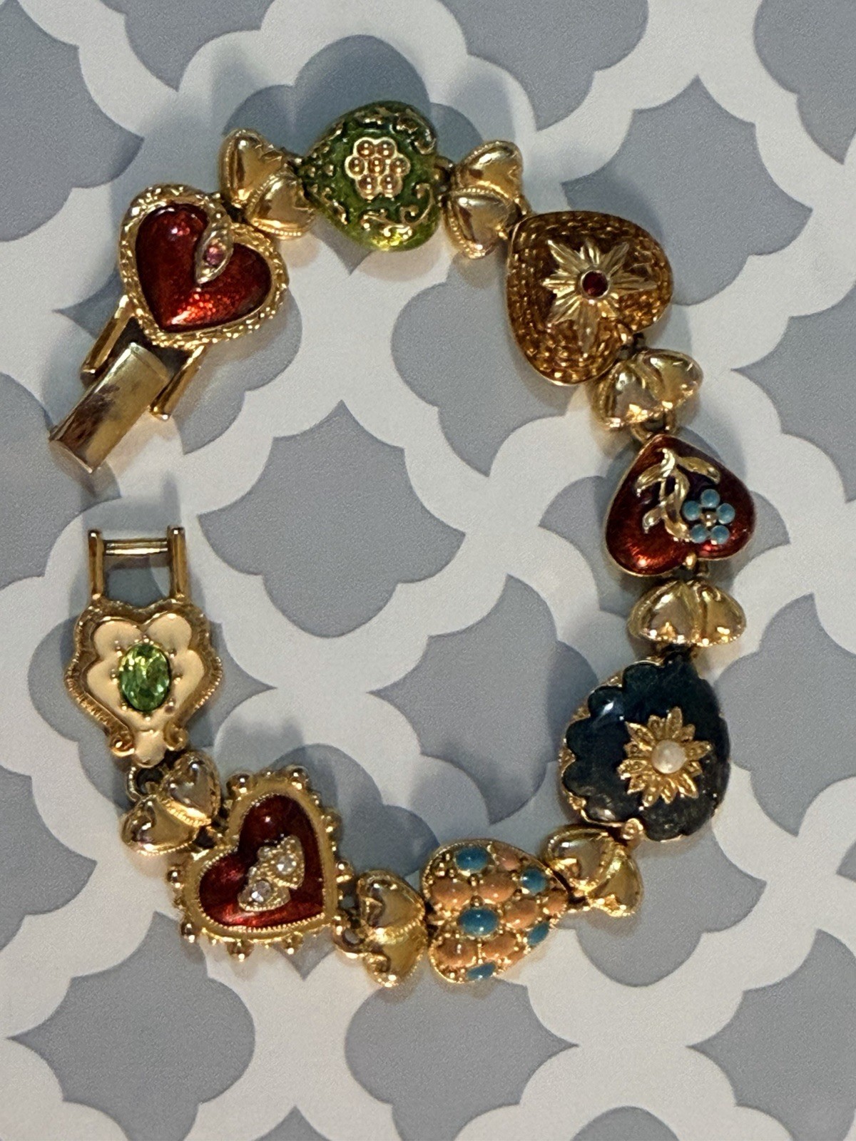 Vintage Joan Rivers Hearts & Flowers Bracelet Enamel Heart Charm Floral Signed