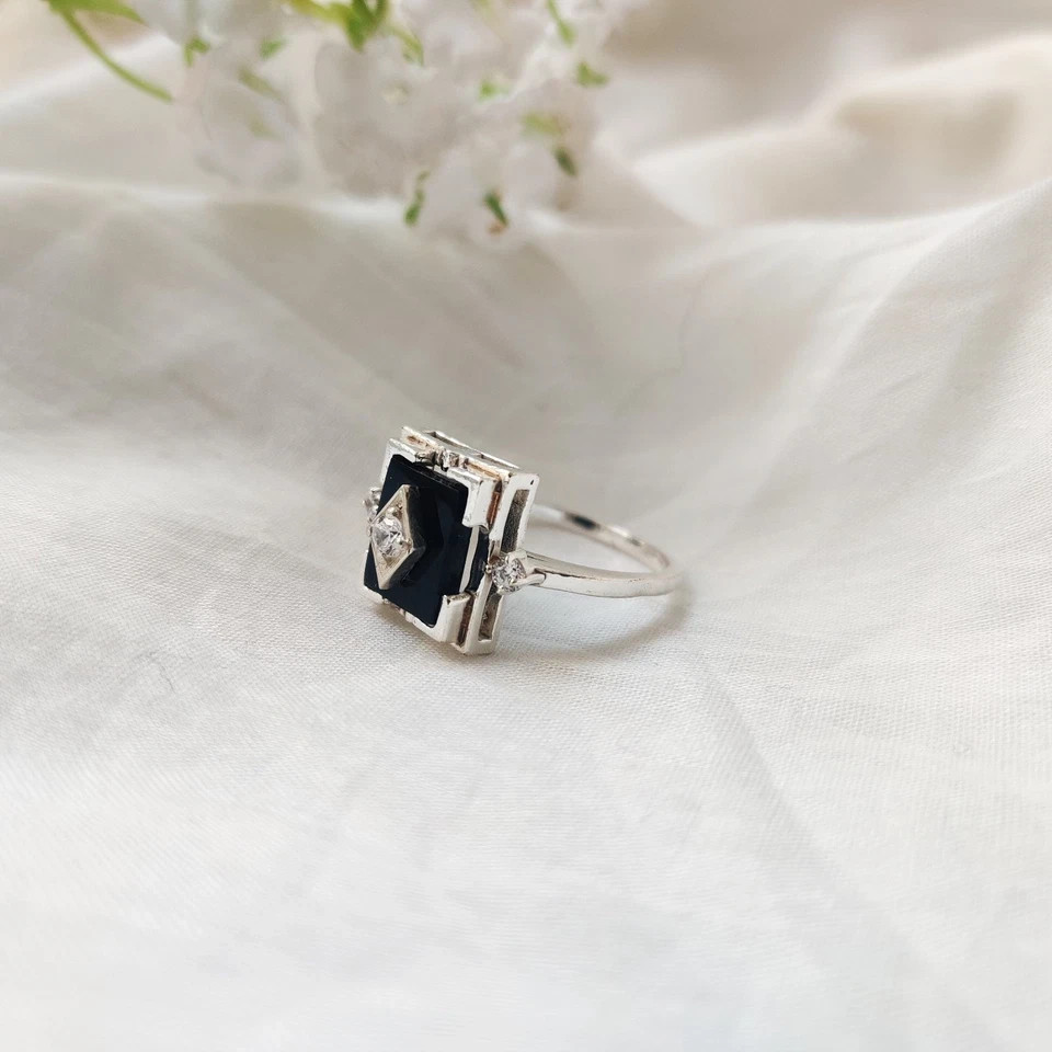 Antique Art Deco Vintage Black Onyx & Lab-Created Diamond Gift Ring 925 Silver