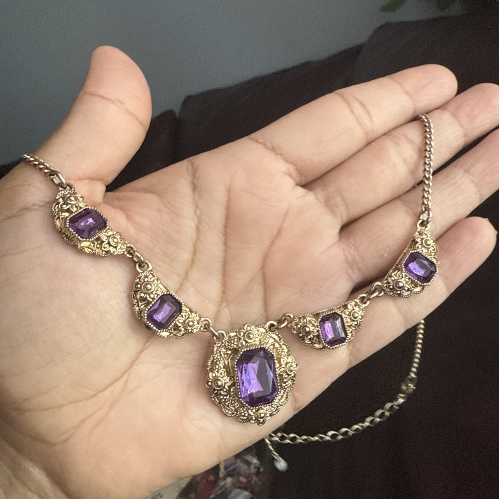 Vintage NEW In Bag AVON Purple Glass Station Necklace Signed NWT