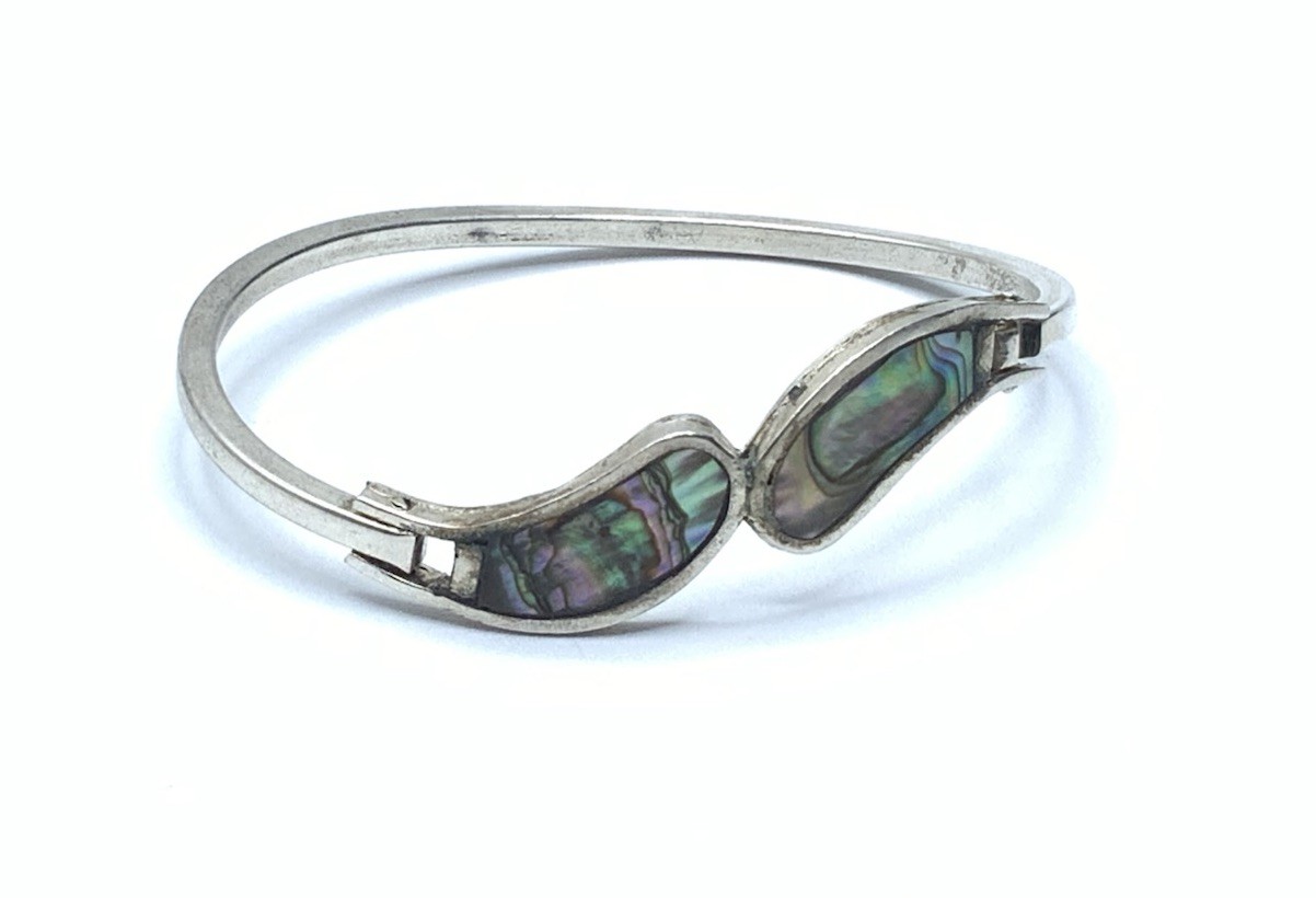 Vintage Southwest Nickel Silver Abalone & Abalone 6.5” Hinged Bangle Bracelet
