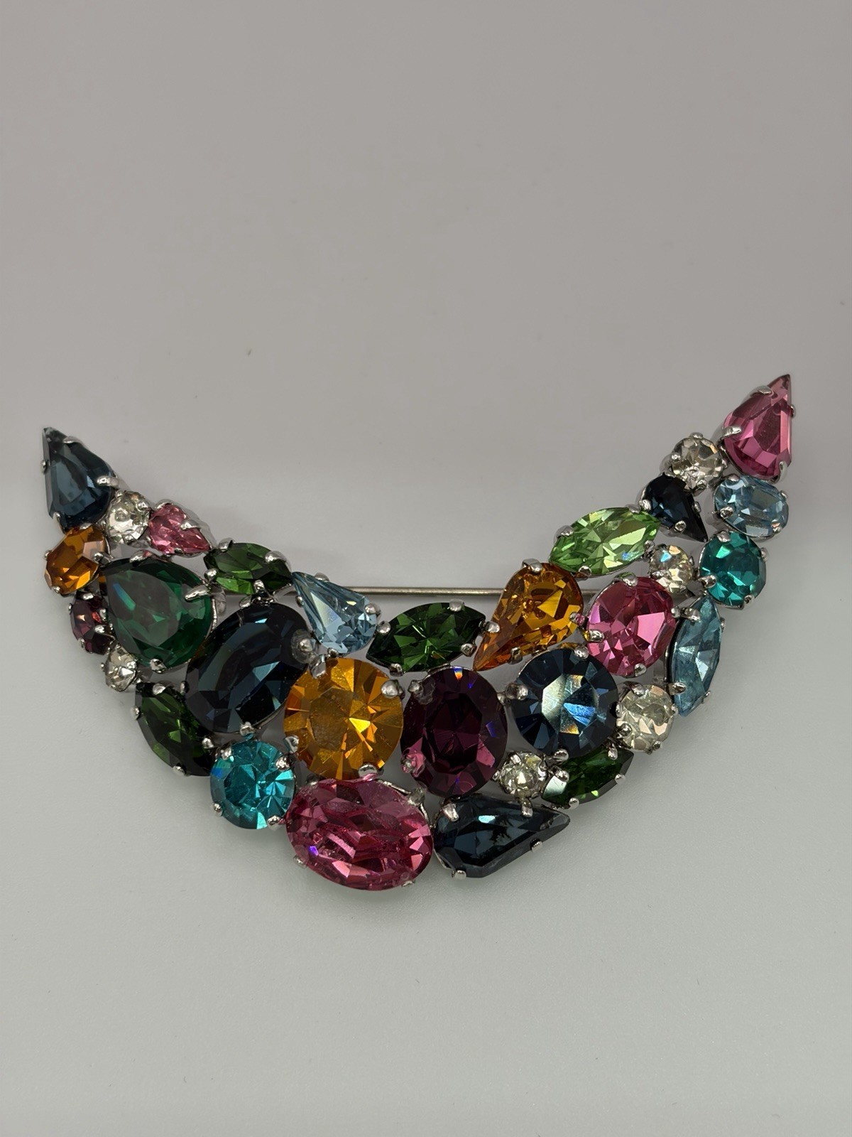 Lg Vintage Austrian Crystal 70s Brooch Brilliant Sparkling Multicolour & Shapes