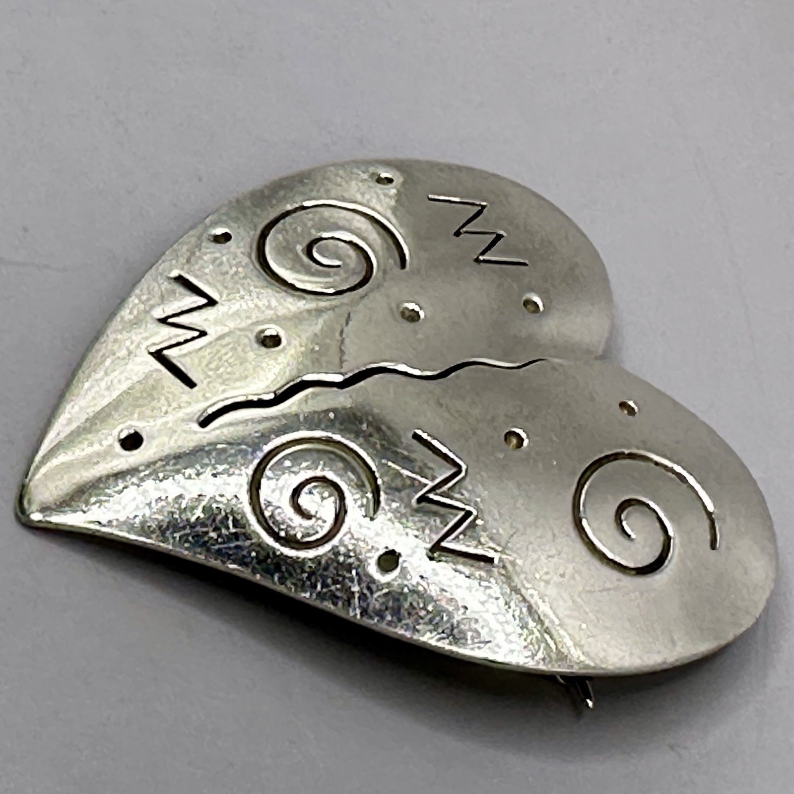 Rustic Stamped Heart Brooch Designer Signed Forbes 925 Sterling Silver Cutout