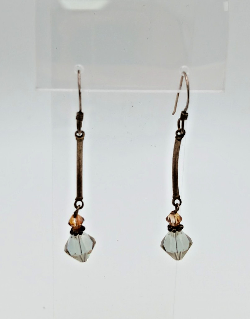 925 Crystal Drop Earrings 1.75in Sterling Silver 2g Aqua Blue Amber Tone Bicone