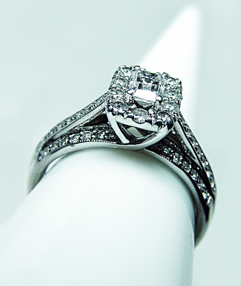 Vintage 14K White Gold Emerald Cut Diamond Halo Engagement Right Hand Ring