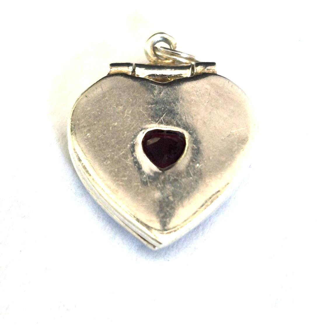 Vintage Sterling Silver Marked SU Ruby Scroll Work Double Heart Love Pendant