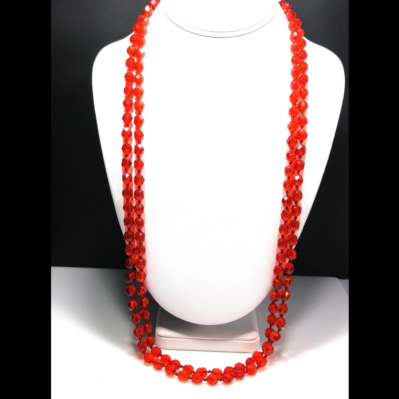 Vintage Red Crystal Hand Knotted Long Necklace, 62 Inches, No Clasp, Vintage