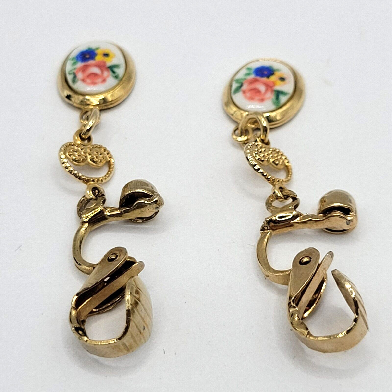 Petite Hand Painted Flowers Porcelain Gold Tone Drop Dangle Vintage Earrings