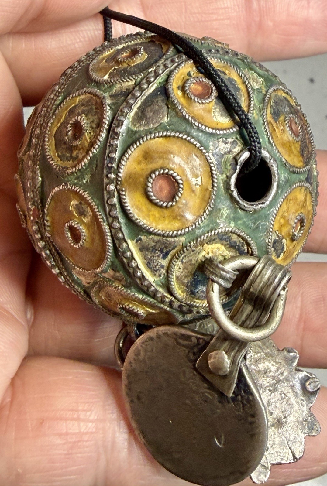 Antique Moroccan Enamel Silver Ball Pendent Necklace Coin Pendants Hand Crafted