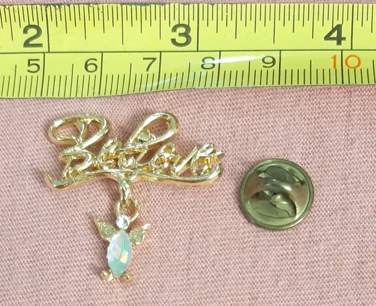 Vintage Believe Gold Tone Script With Dangle Rhinestone Angel Lapel Pin