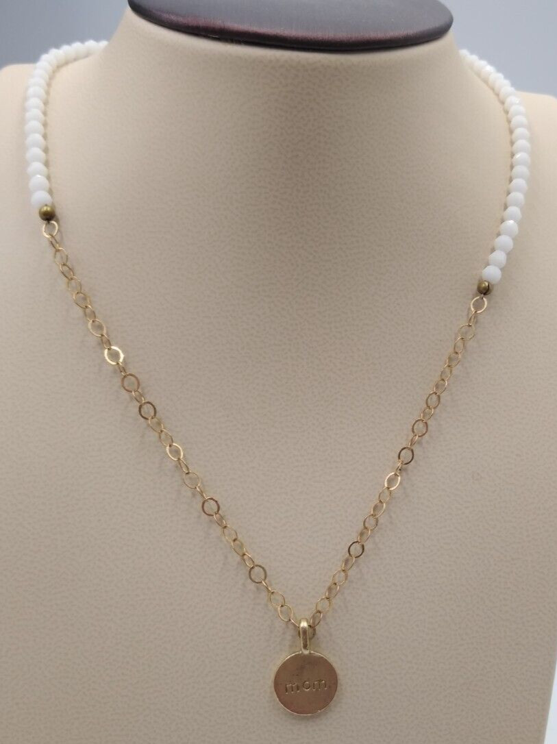 VTG 1970’s Gold Wash Verneil Over 925 Silver 18″ MOM Charm White Bead Necklace