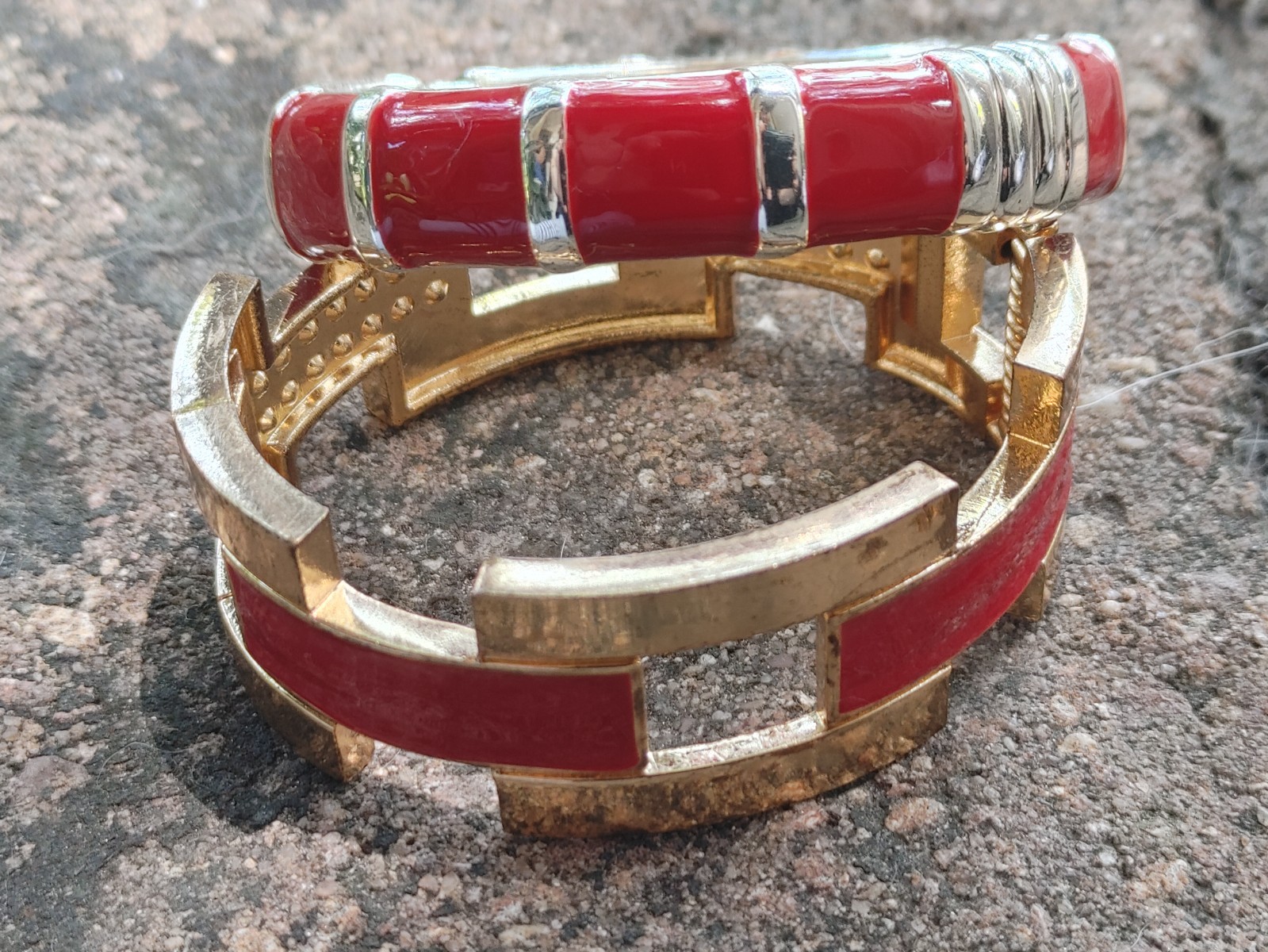 2 Vintage Hinged Bangle Bracelets with Red Enamel 1 Gold Tone 1 Silver Tone 80’s