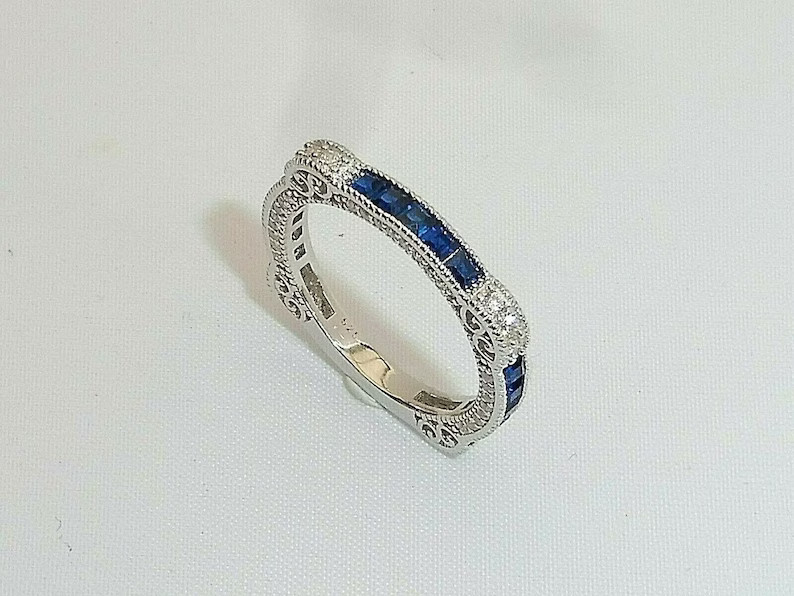 3/4 CTW Blue Princess Cut CZ Art Deco Wedding Antique Eternity Silver Band Ring