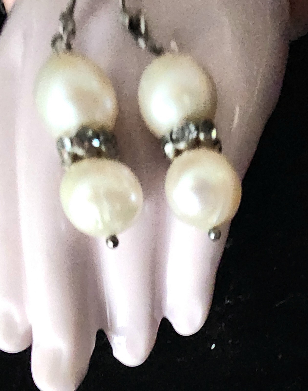 Elegant,2 Tiered Pearl Dangle Earrings, 925 Sterling Silver & Shimmering Crystal