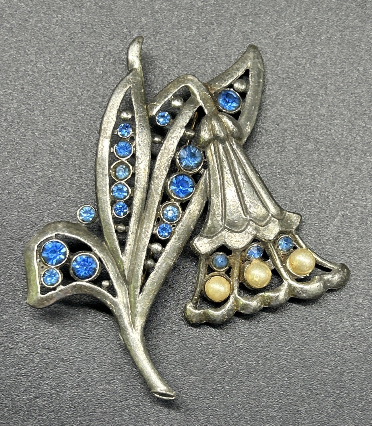 Vintage Pot Metal Brooch Large Floral Flower Pin Blue Rhinestones 3”