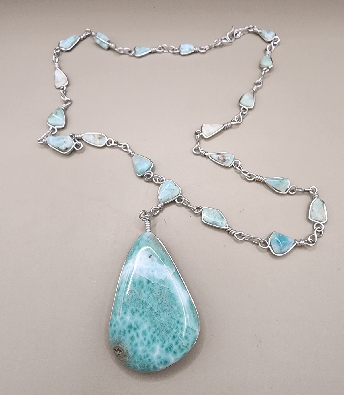 Massive Natural Larimar Teardrop Pendant Necklace Wire Wrapped Freeform Links