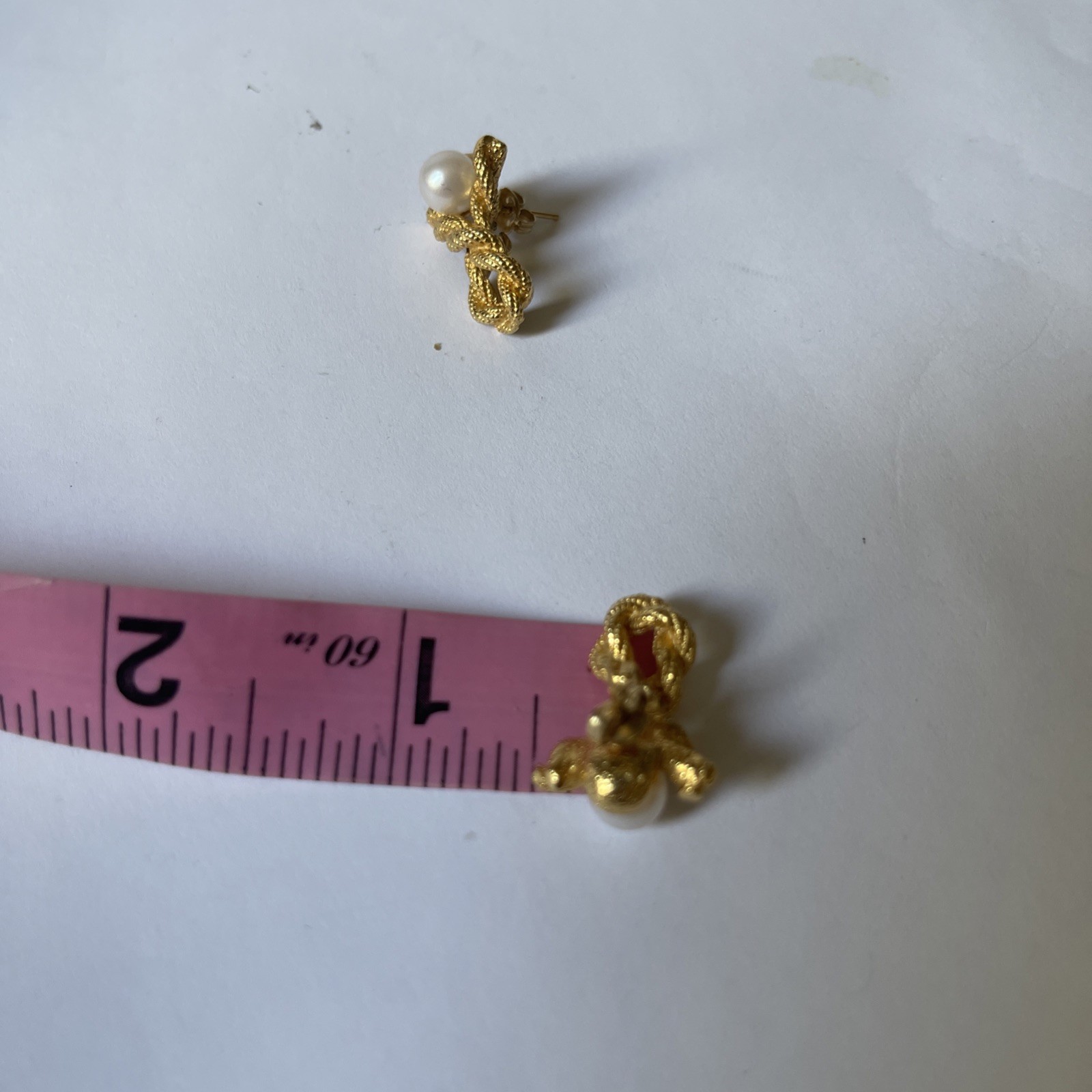 Vintage Gold Tone Knotted Rope Pearl Earrings