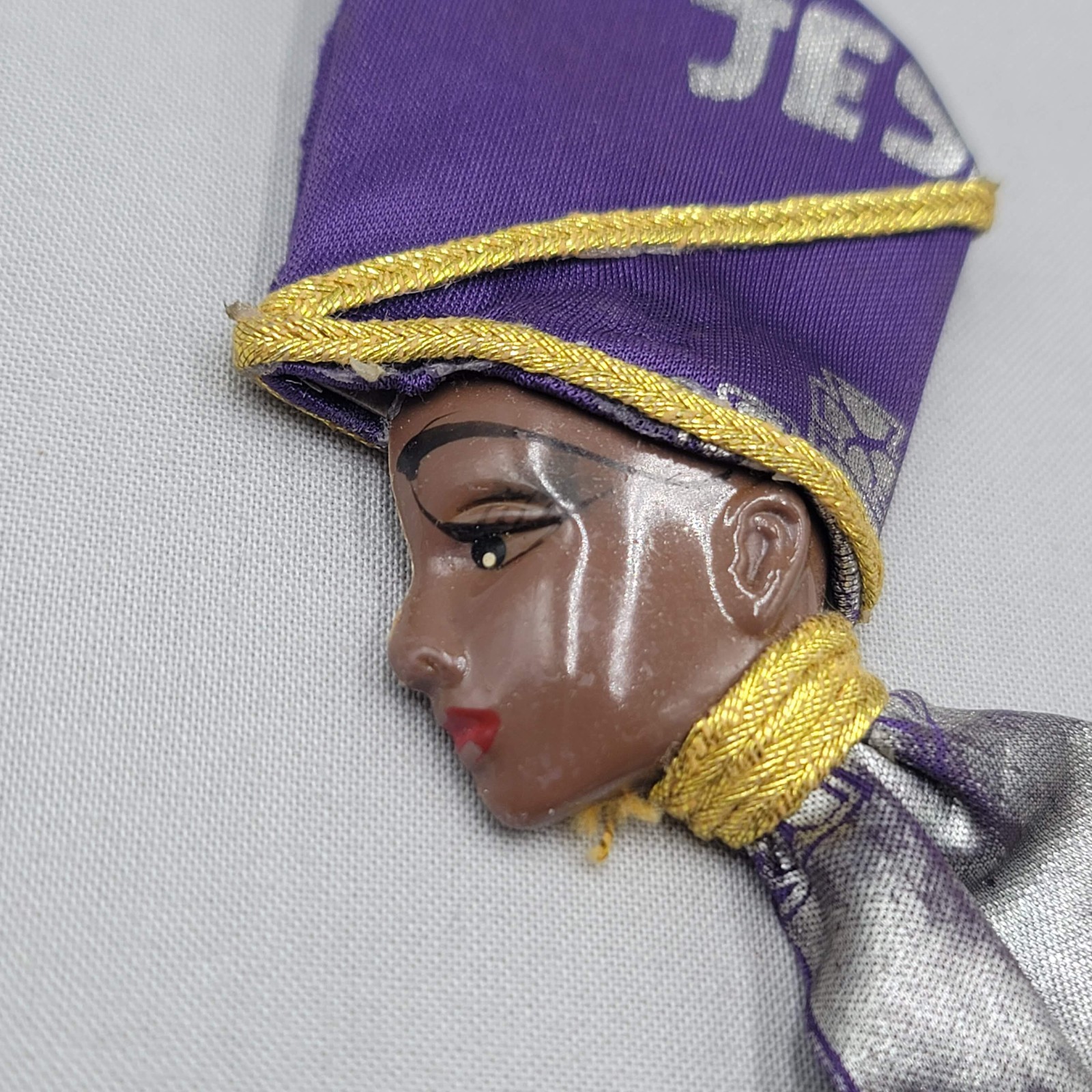 Vintage African Queen Brooch Purple Fabric Hat Dress 4 in