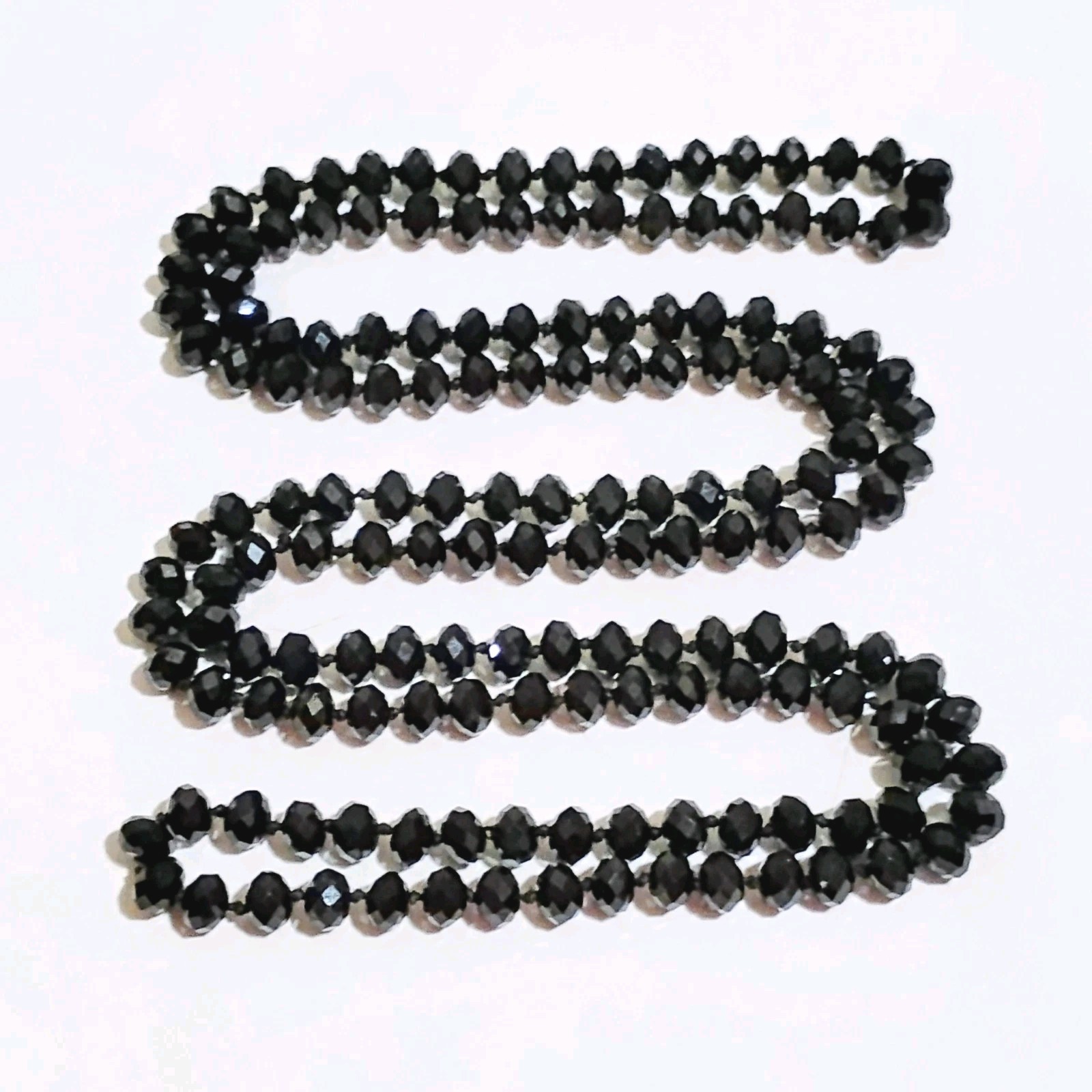 Vintage Jet Black Crystal Bead Necklace Hand Knotted 47 Long Single Strand