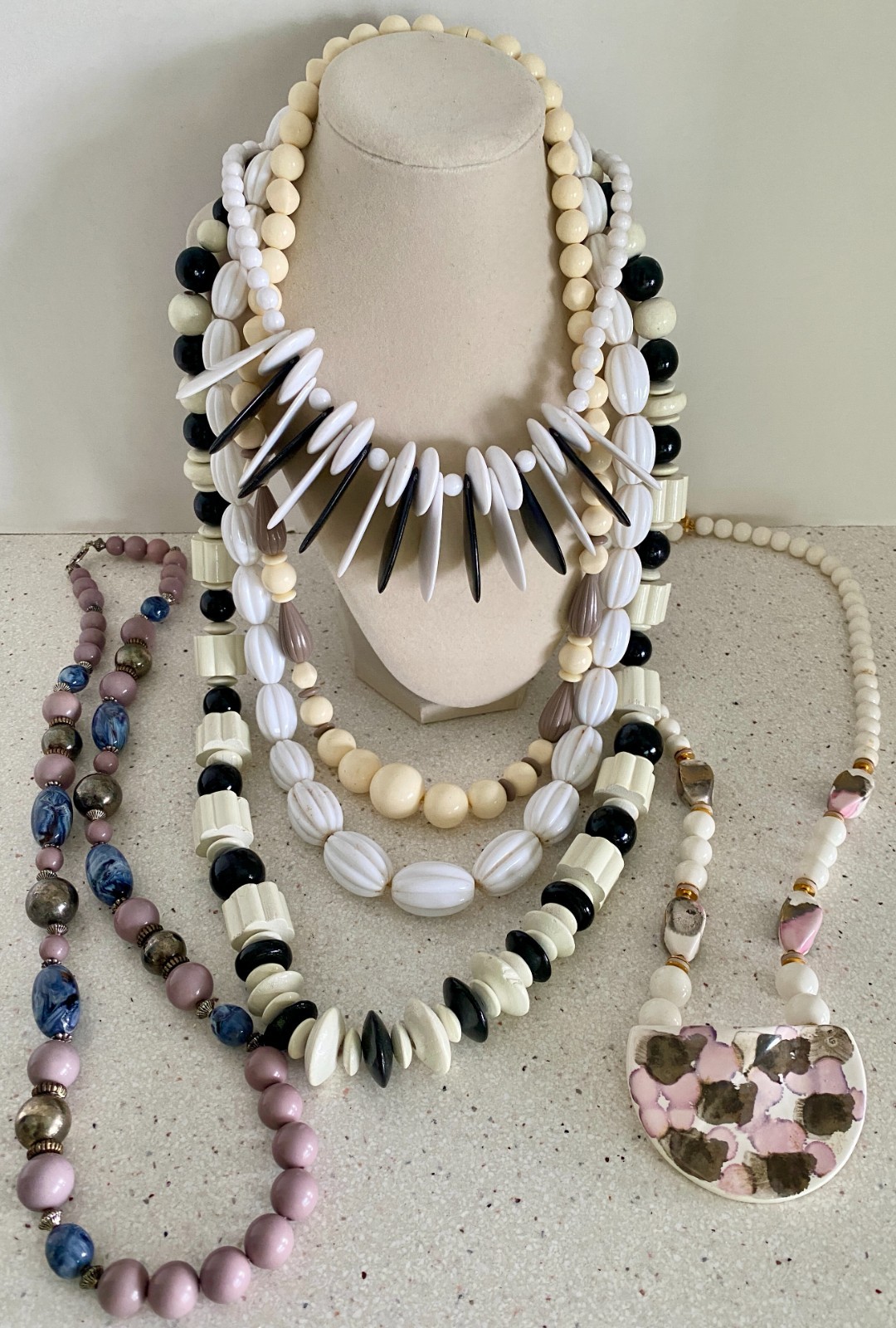 Lot of 6 Vintage Beaded Necklaces Statement Bib Lariat Large 1 Tacoa Black White