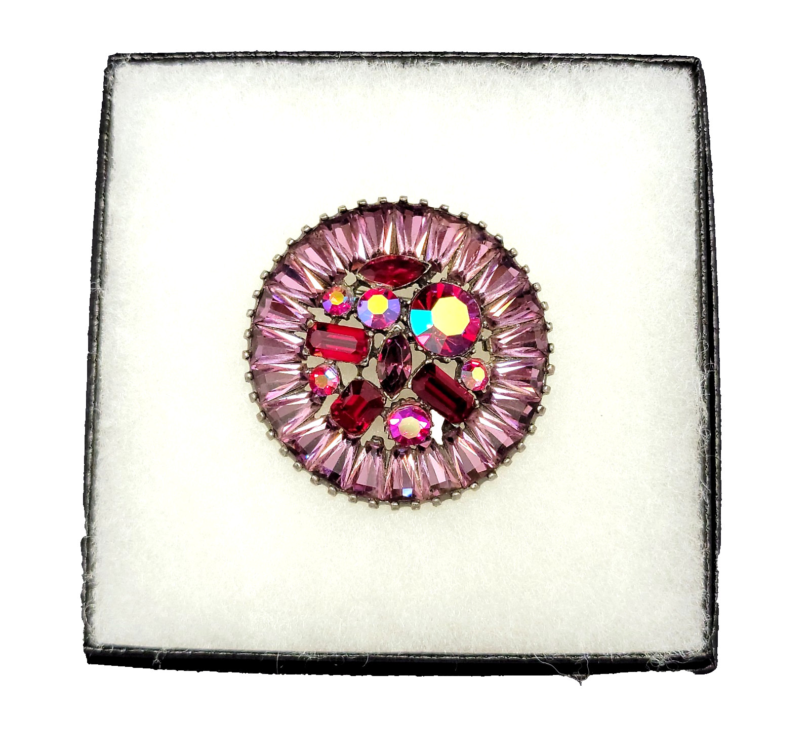VTG Red/Pink Round Cluster BROOCH with Ab Rhinestones. Gift box Included.