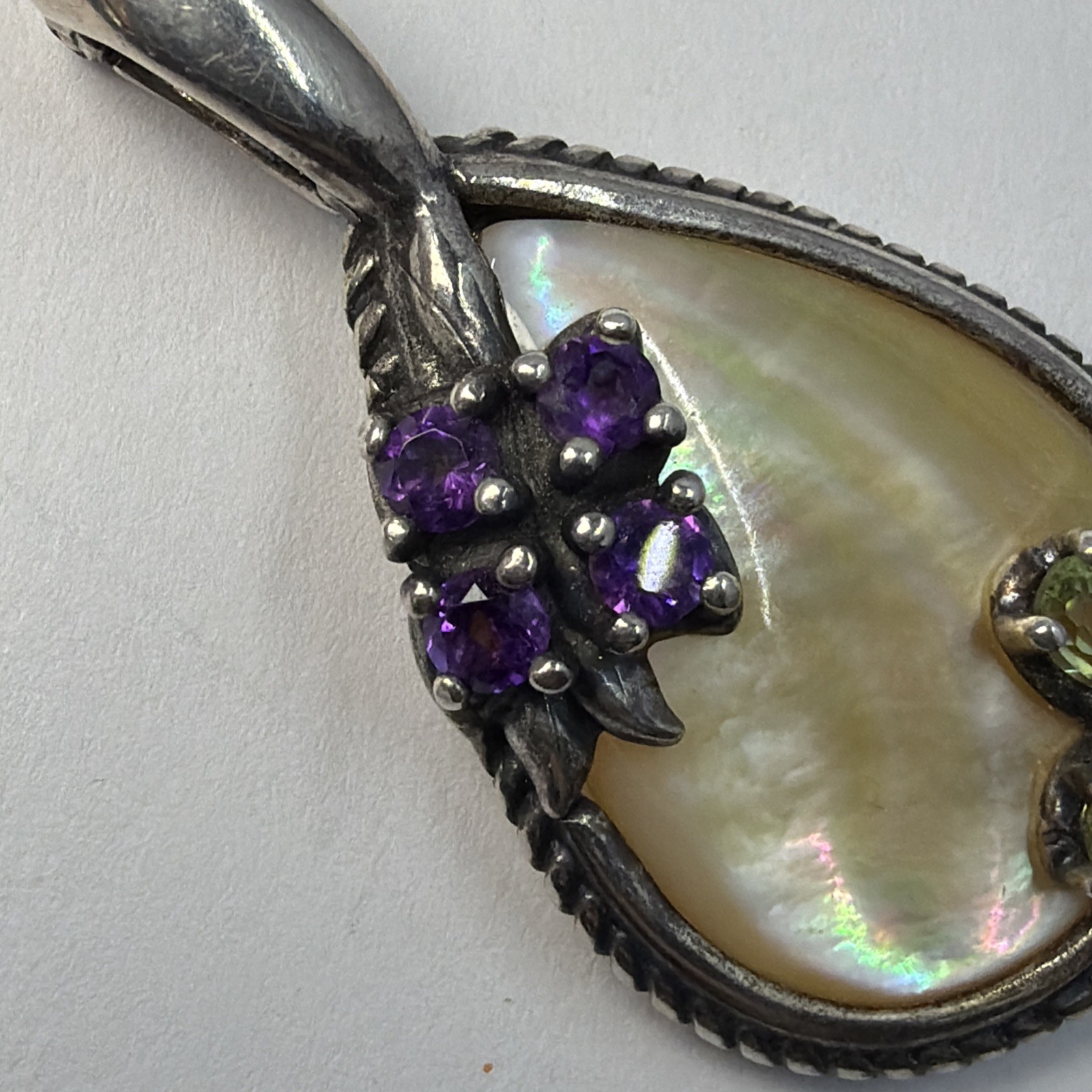 Vtg Carolyn Pollack Relios Mother Pearl Multi stone Flower Butterfly Pendant 925