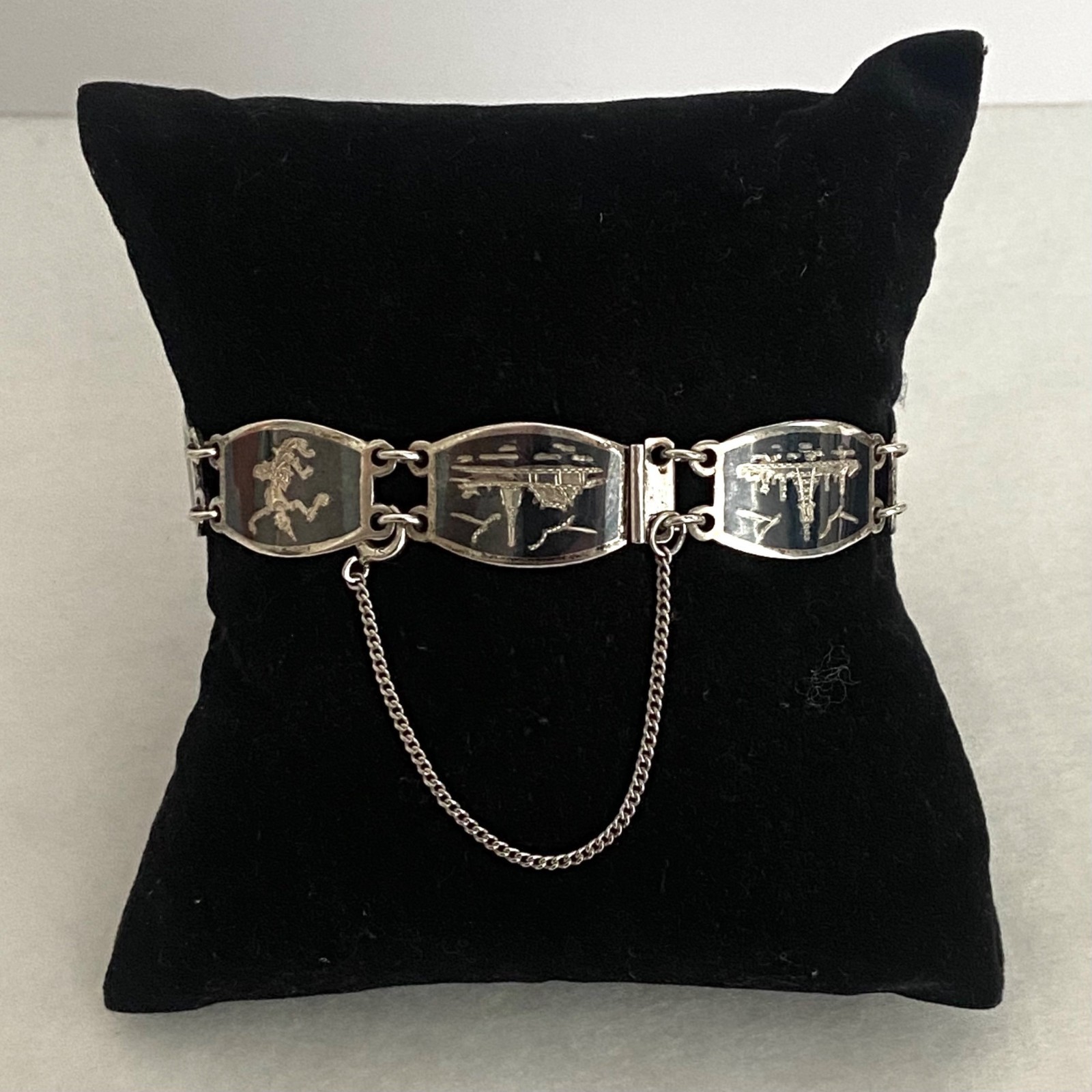 Signed SIAM Thai Sterling Silver 925 Black Niello Garuda Panel Bracelet 6.75″