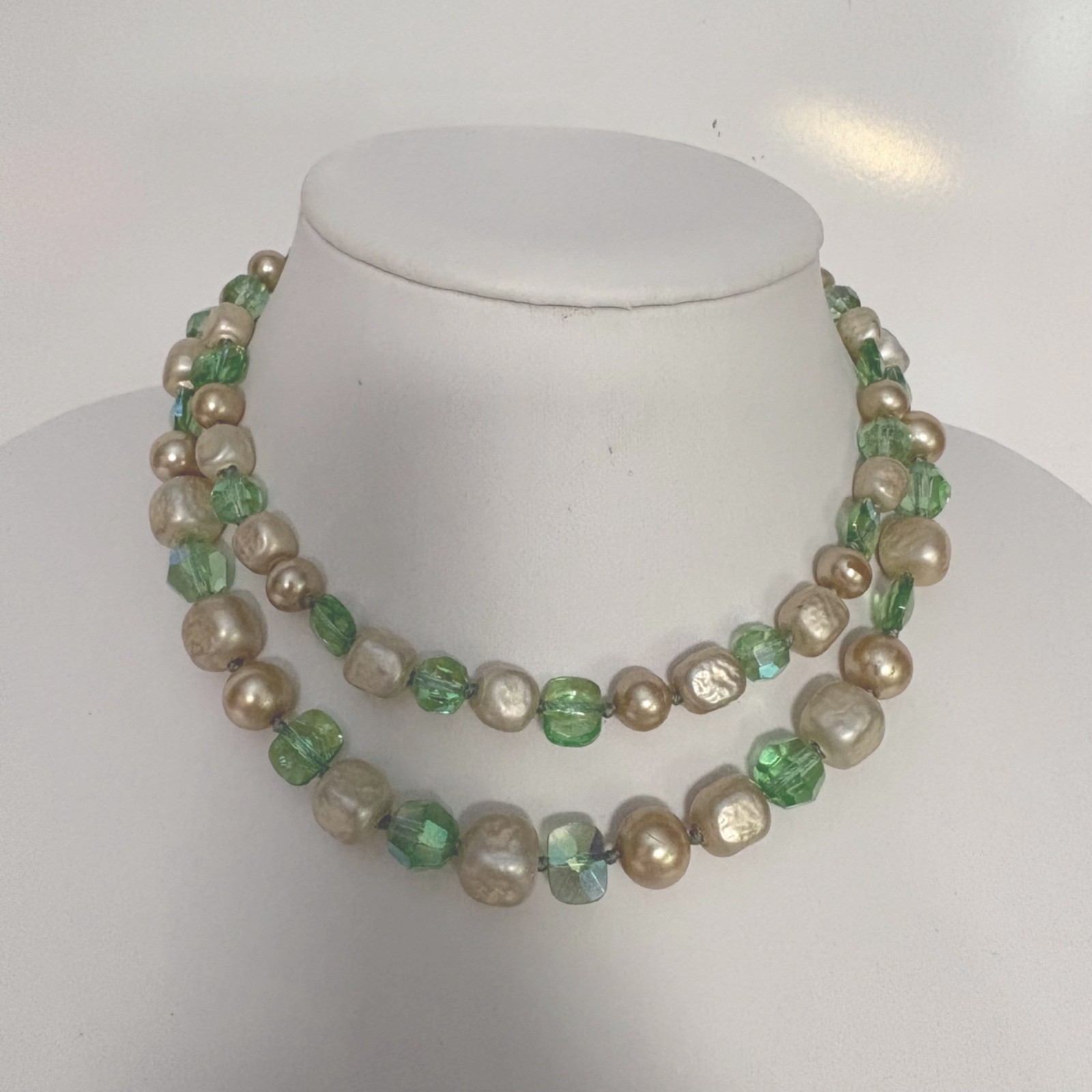 Vintage Double-Strand Necklace with Green and Faux Pearl Beads Hook Clasp